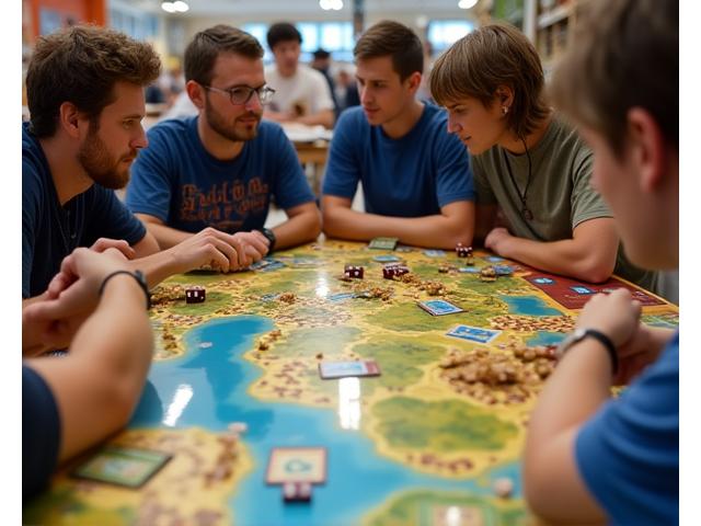 Gruppe von Menschen, die intensiv Siedler von Catan spielen