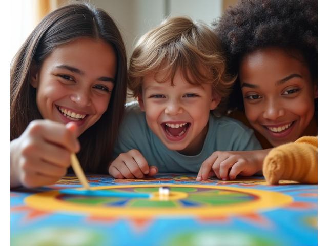 Eine lächelnde Familie, die ein farbenfrohes Brettspiel spielt
