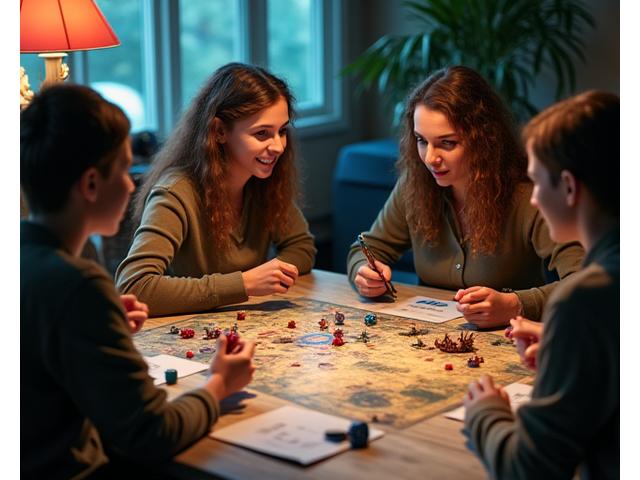 Gruppe von Freunden, die ein Rollenspiel mit Würfeln, Karten und Charakterbögen spielen