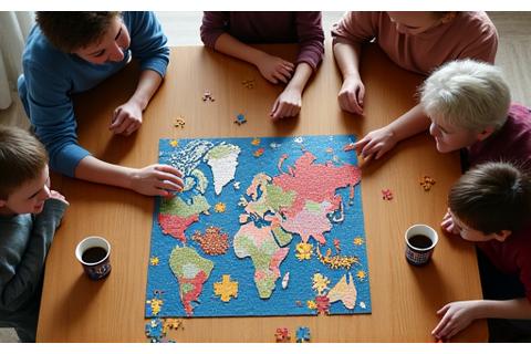 Personen, die konzentriert an einem großen Puzzle arbeiten
