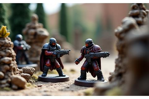 Detailaufnahme von miniaturisierten Tabletop-Gelände und Figuren im Kampf