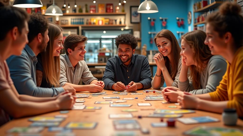 Enthusiastische Gruppe von Menschen beim gemeinsamen Brettspielen mit vielen Spielen und Snacks auf dem Tisch